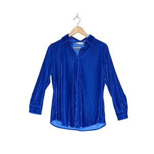 Soft Surroundings Bright Blue Velvet Long Sleeve Collared Button Up Top Size PS